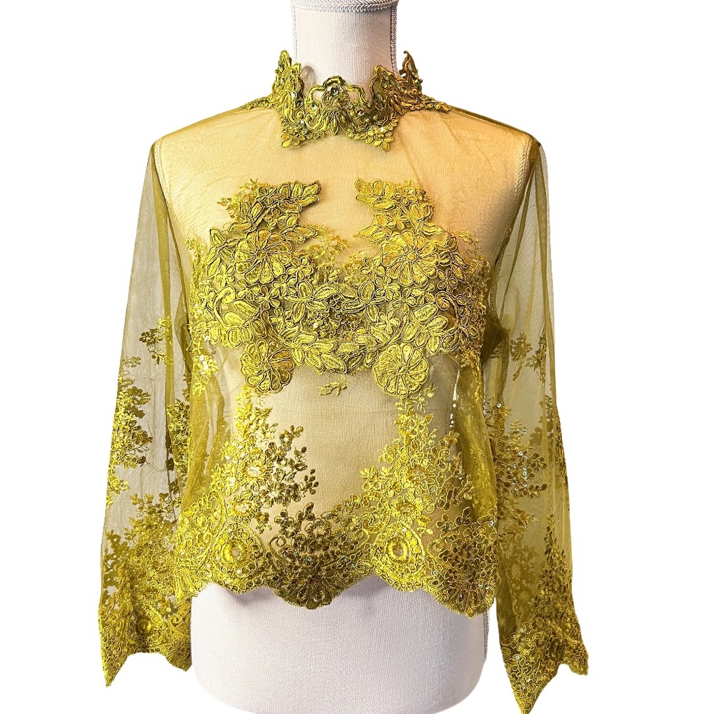 #A048   FT INC Olive Green Embroidered Mesh Top with High Neck, Sequins, XL